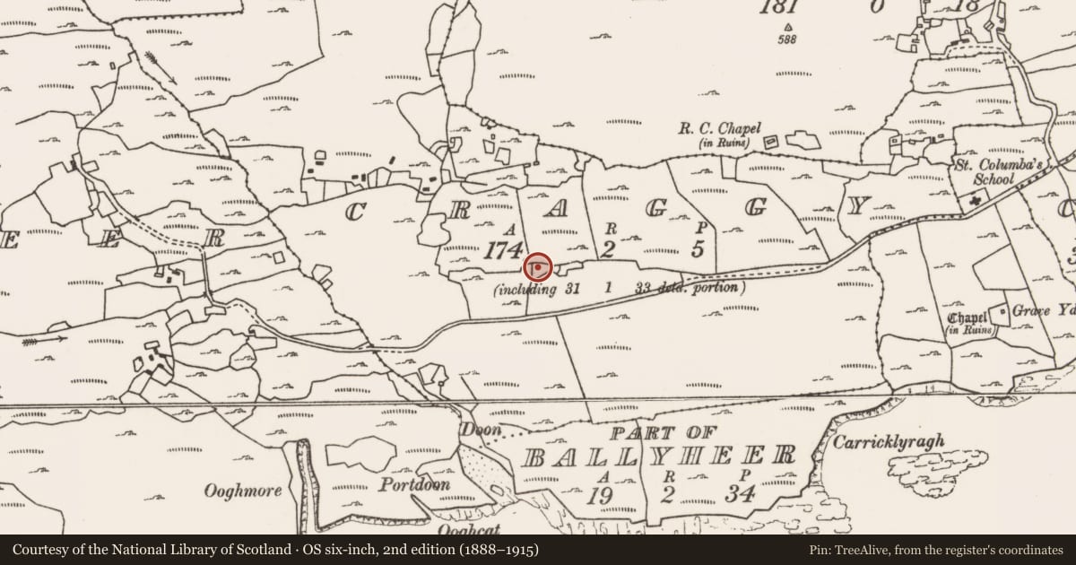 Ordnance Survey six-inch map, 2nd edition (1888–1915) covering the location of Enclosure, Craggy, County Mayo, with a pin at the register's coordinates