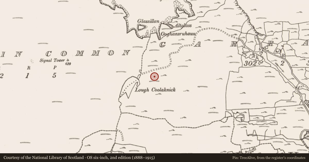 Ordnance Survey six-inch map, 2nd edition (1888–1915) covering the location of Hut site, Garranty, County Mayo, with a pin at the register's coordinates