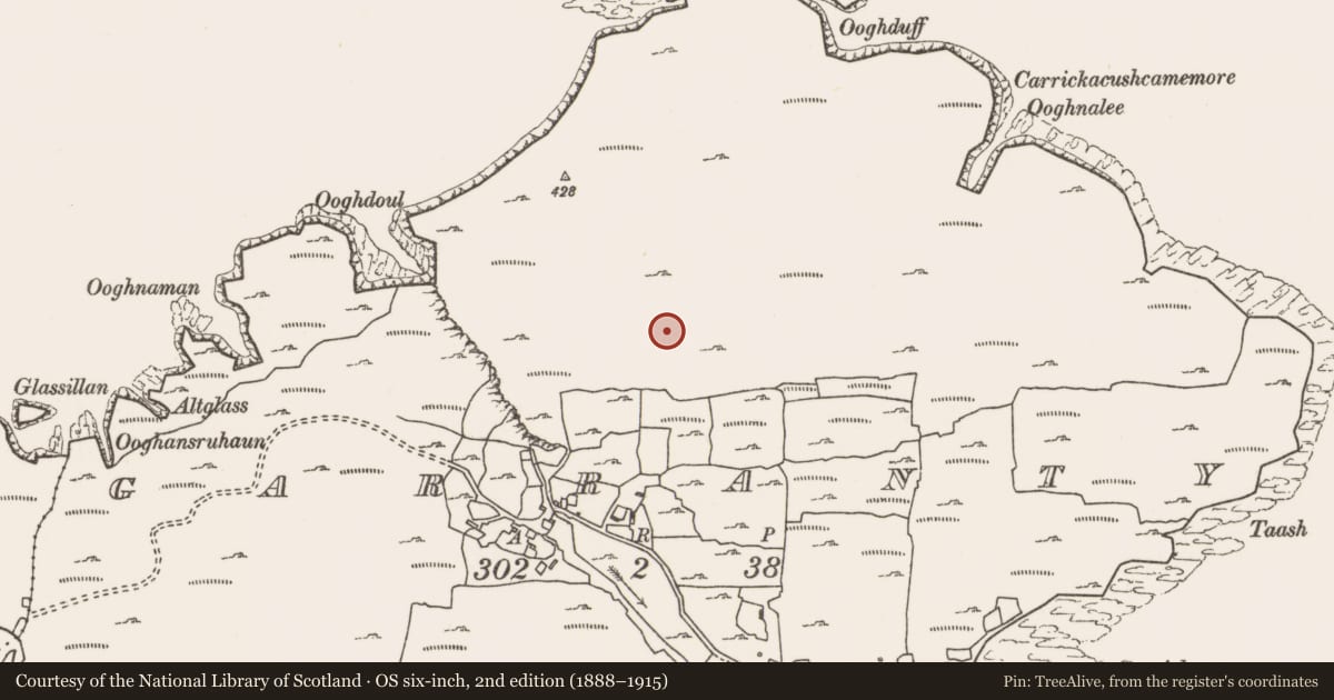 Ordnance Survey six-inch map, 2nd edition (1888–1915) covering the location of House - indeterminate date, Garranty, County Mayo, with a pin at the register's coordinates
