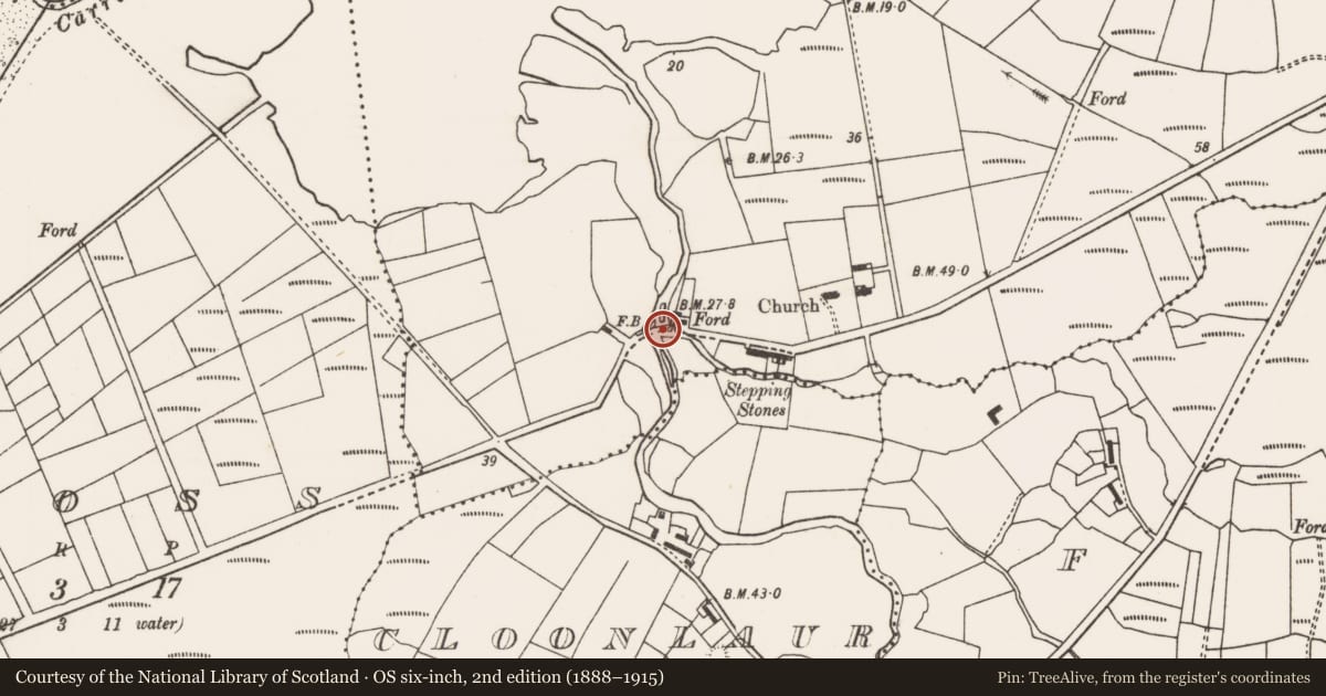 Ordnance Survey six-inch map, 2nd edition (1888–1915) covering the location of Bridge, Roonah, County Mayo, with a pin at the register's coordinates