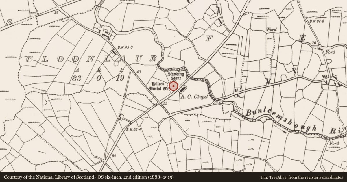 Ordnance Survey six-inch map, 2nd edition (1888–1915) covering the location of Enclosure, Cloonlaur, County Mayo, with a pin at the register's coordinates