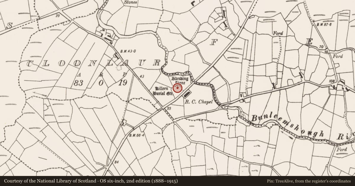 Ordnance Survey six-inch map, 2nd edition (1888–1915) covering the location of Cross-slab, Cloonlaur, County Mayo, with a pin at the register's coordinates