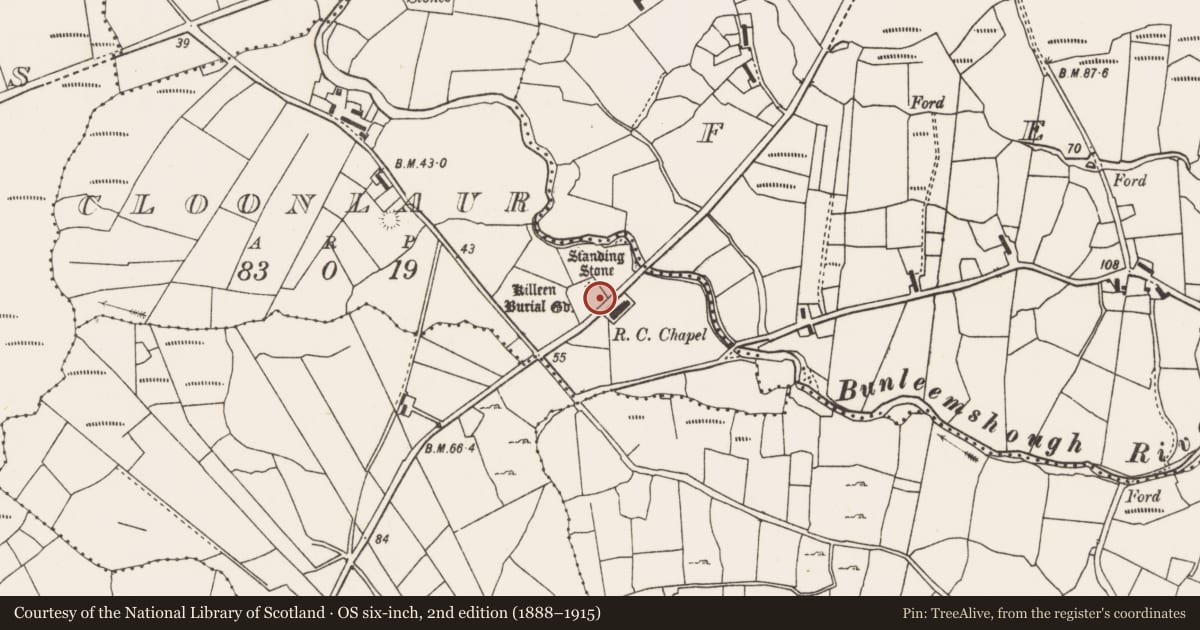 Ordnance Survey six-inch map, 2nd edition (1888–1915) covering the location of Cross-slab, Cloonlaur, County Mayo, with a pin at the register's coordinates