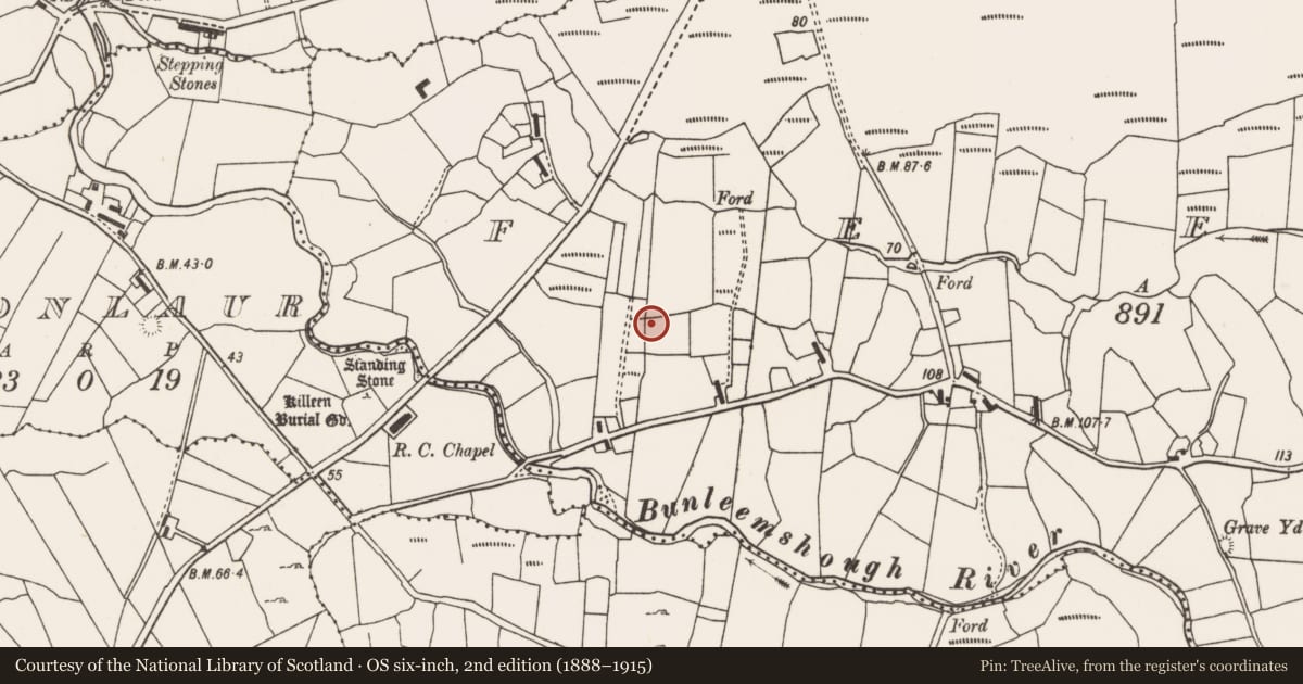 Ordnance Survey six-inch map, 2nd edition (1888–1915) covering the location of Enclosure, Feenune, County Mayo, with a pin at the register's coordinates