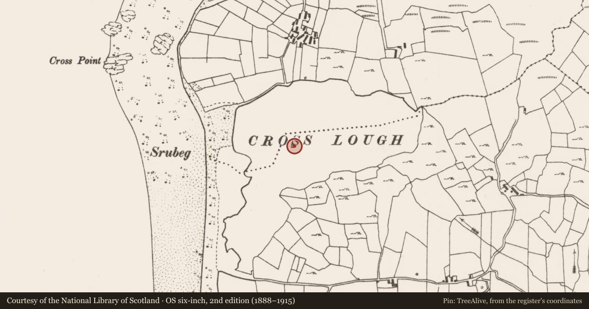 Ordnance Survey six-inch map, 2nd edition (1888–1915) covering the location of Crannog, Killadoon, County Mayo, with a pin at the register's coordinates