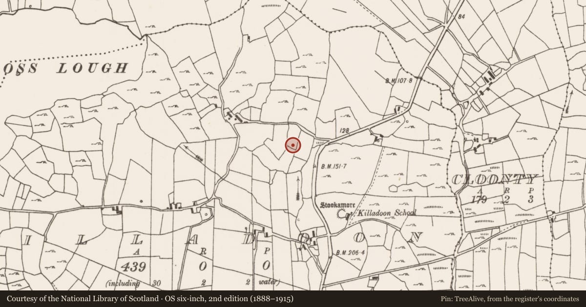 Ordnance Survey six-inch map, 2nd edition (1888–1915) covering the location of Standing stone (present location), Killadoon, County Mayo, with a pin at the register's coordinates