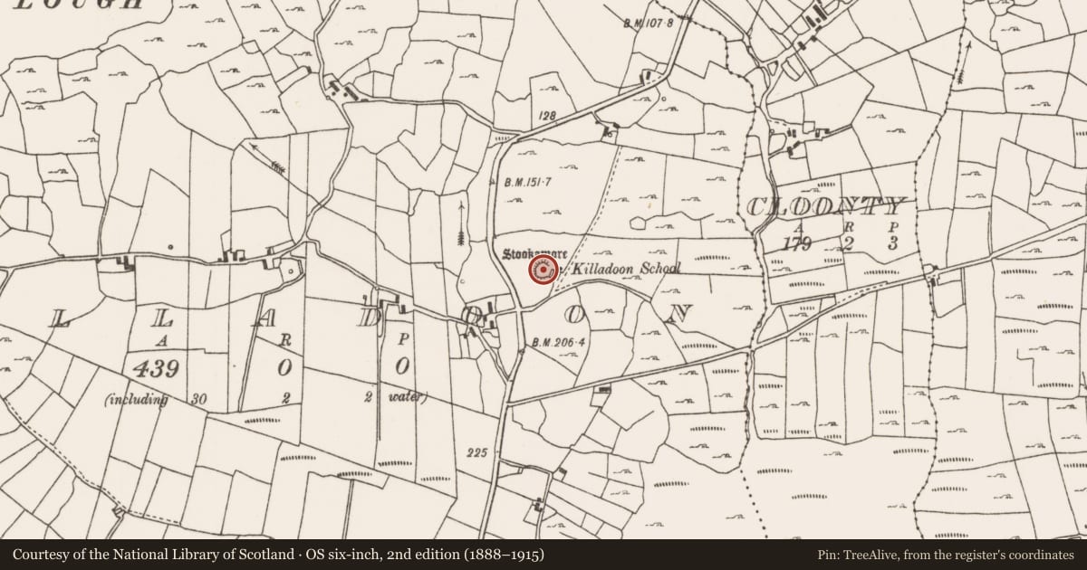 Ordnance Survey six-inch map, 2nd edition (1888–1915) covering the location of Enclosure, Killadoon, County Mayo, with a pin at the register's coordinates