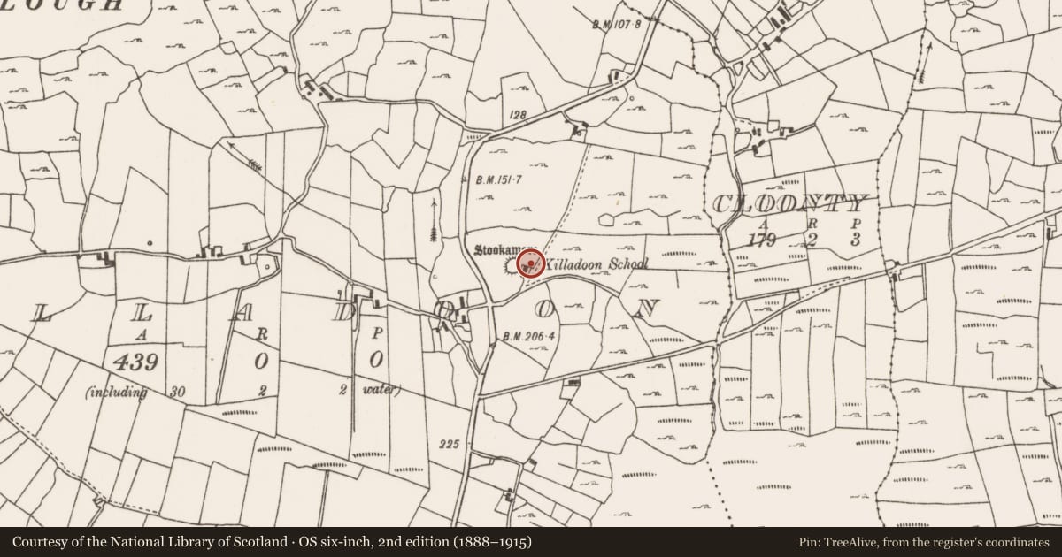 Ordnance Survey six-inch map, 2nd edition (1888–1915) covering the location of Standing stone, Killadoon, County Mayo, with a pin at the register's coordinates