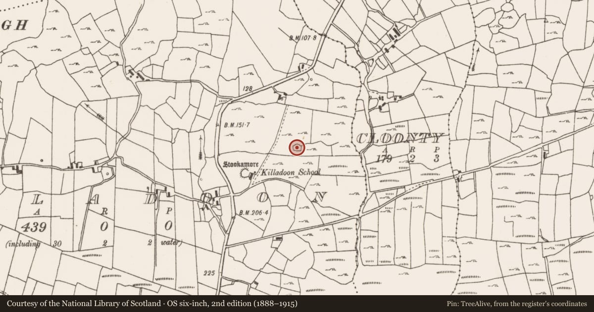 Ordnance Survey six-inch map, 2nd edition (1888–1915) covering the location of Enclosure, Killadoon, County Mayo, with a pin at the register's coordinates