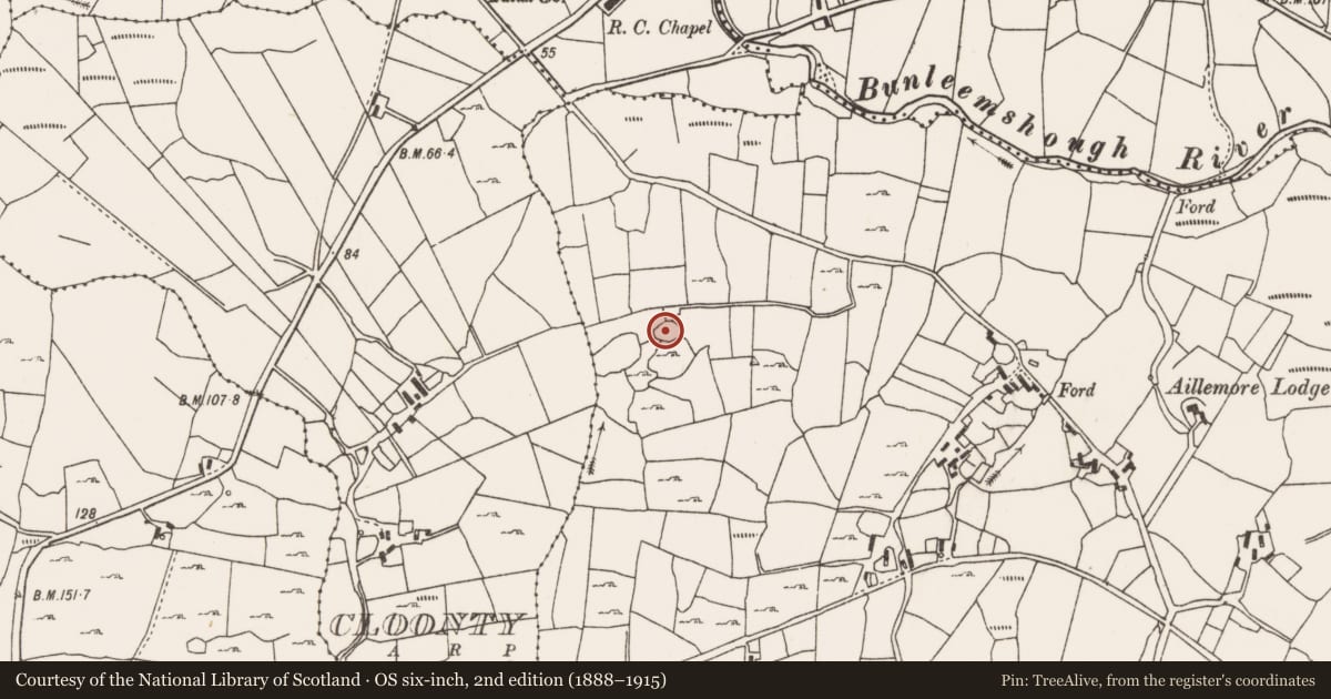 Ordnance Survey six-inch map, 2nd edition (1888–1915) covering the location of Enclosure, Aillemore, County Mayo, with a pin at the register's coordinates