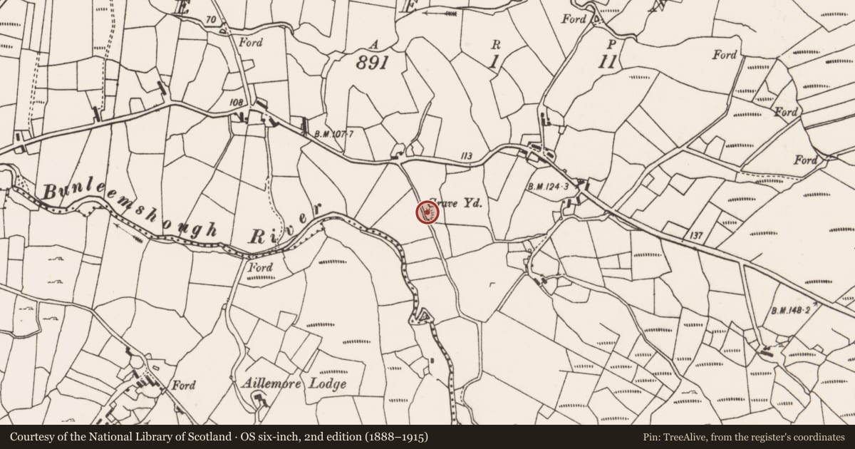 Ordnance Survey six-inch map, 2nd edition (1888–1915) covering the location of Cross-slab, Feenune, County Mayo, with a pin at the register's coordinates