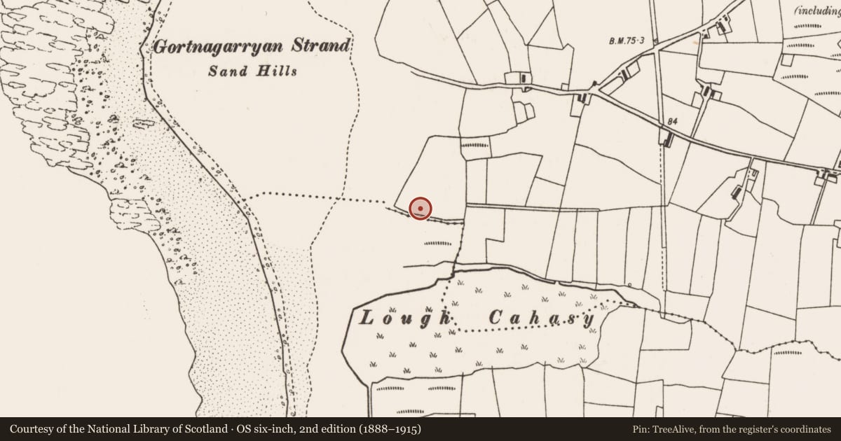 Ordnance Survey six-inch map, 2nd edition (1888–1915) covering the location of Earthwork, Dooghmakeon, County Mayo, with a pin at the register's coordinates