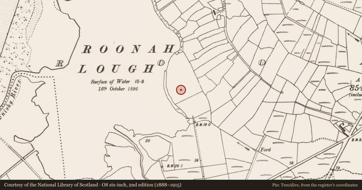 Ordnance Survey six-inch map, 2nd edition (1888–1915) covering the location of Earthwork, Roonah, County Mayo, with a pin at the register's coordinates