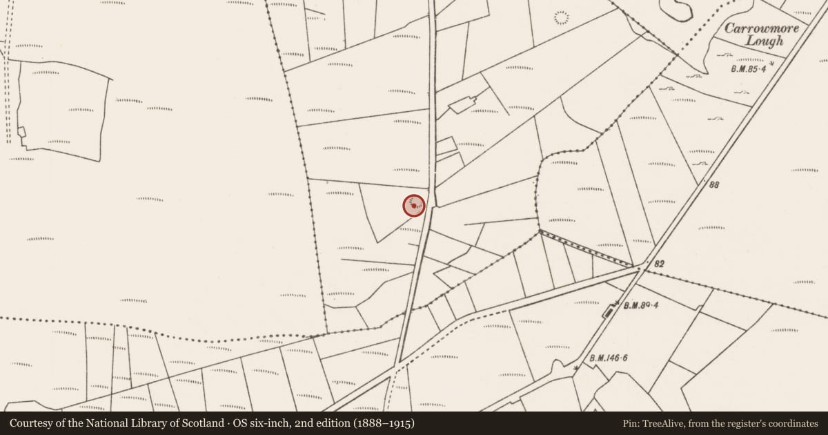 Ordnance Survey six-inch map, 2nd edition (1888–1915) covering the location of Enclosure, Carrowmore (Murrisk By., Kilgeever Par.), County Mayo, with a pin at the register's coordinates