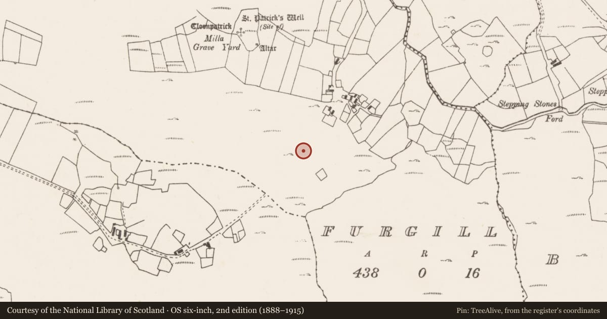 Ordnance Survey six-inch map, 2nd edition (1888–1915) covering the location of Field system, Furgill, County Mayo, with a pin at the register's coordinates
