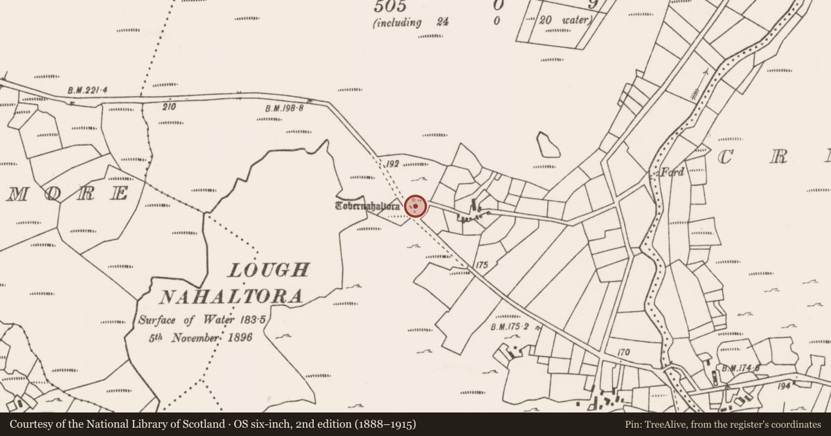 Ordnance Survey six-inch map, 2nd edition (1888–1915) covering the location of Ritual site - holy well, Srahwee, County Mayo, with a pin at the register's coordinates