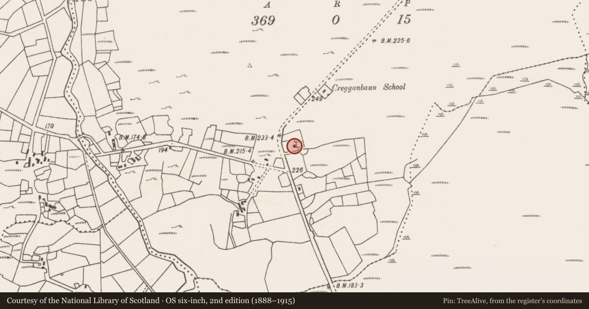 Ordnance Survey six-inch map, 2nd edition (1888–1915) covering the location of Enclosure, Cregganbaun, County Mayo, with a pin at the register's coordinates