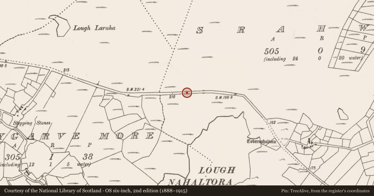 Ordnance Survey six-inch map, 2nd edition (1888–1915) covering the location of Field boundary, Srahwee, County Mayo, with a pin at the register's coordinates