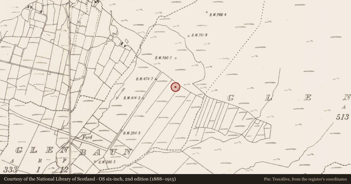 Ordnance Survey six-inch map, 2nd edition (1888–1915) covering the location of Ringfort - cashel, Glenbaun, County Mayo, with a pin at the register's coordinates