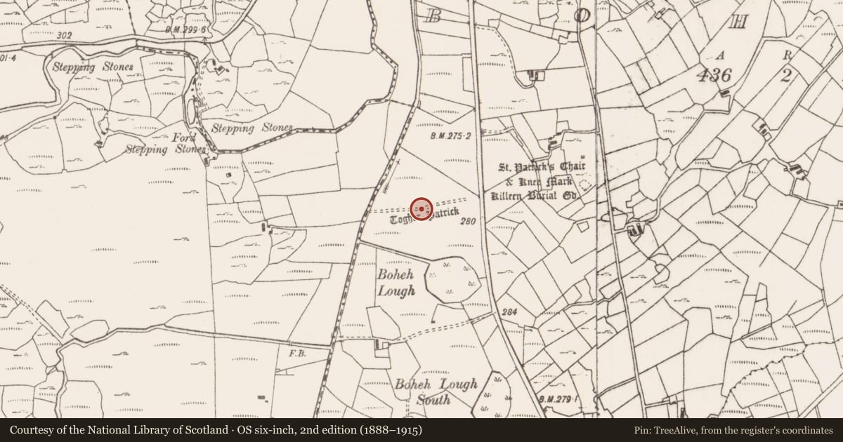 Ordnance Survey six-inch map, 2nd edition (1888–1915) covering the location of Road - road/trackway, Boheh (Murrisk By., Aghagower. Par.), County Mayo, with a pin at the register's coordinates