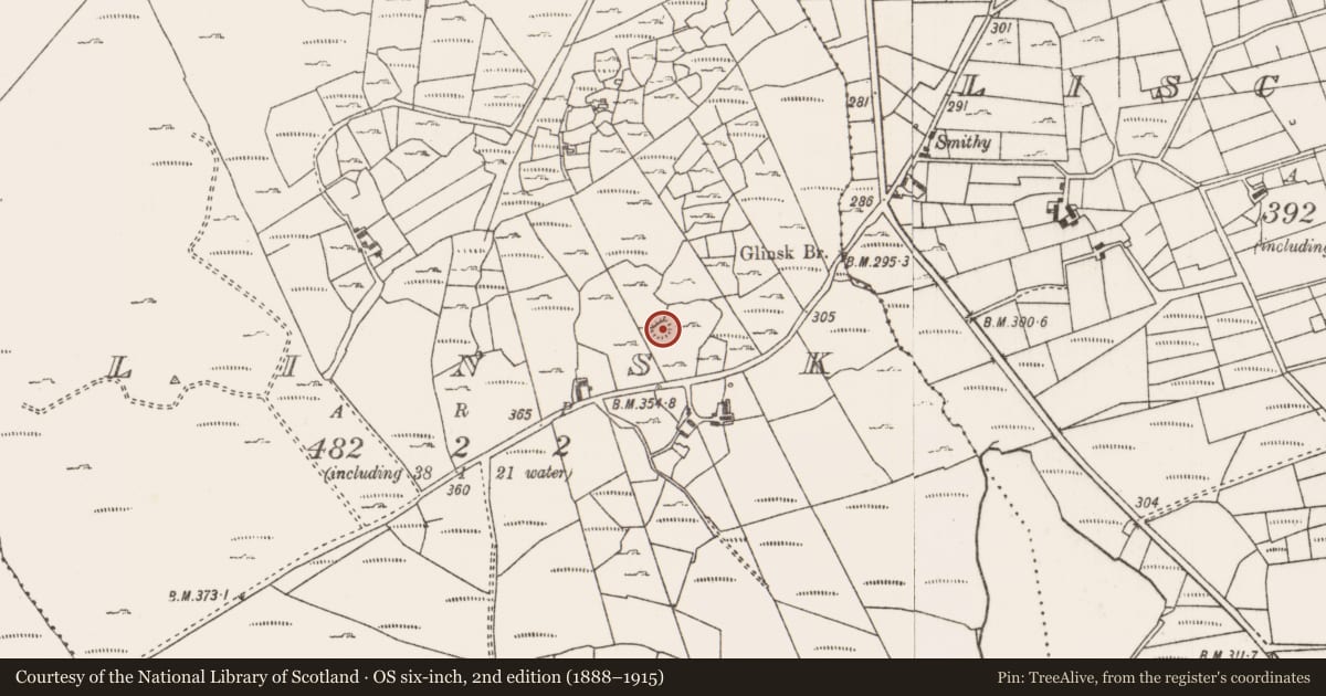 Ordnance Survey six-inch map, 2nd edition (1888–1915) covering the location of Enclosure, Glinsk, County Mayo, with a pin at the register's coordinates
