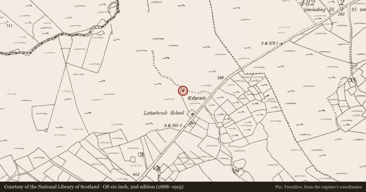 Ordnance Survey six-inch map, 2nd edition (1888–1915) covering the location of Hut site, Letterbrock, County Mayo, with a pin at the register's coordinates