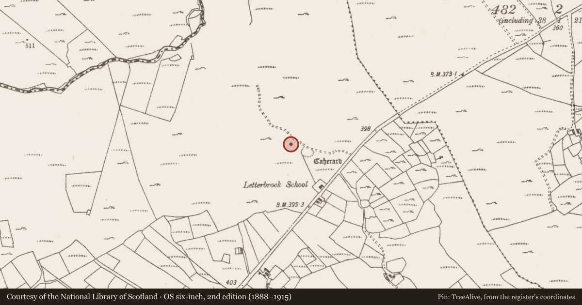 Ordnance Survey six-inch map, 2nd edition (1888–1915) covering the location of Hut site, Letterbrock, County Mayo, with a pin at the register's coordinates