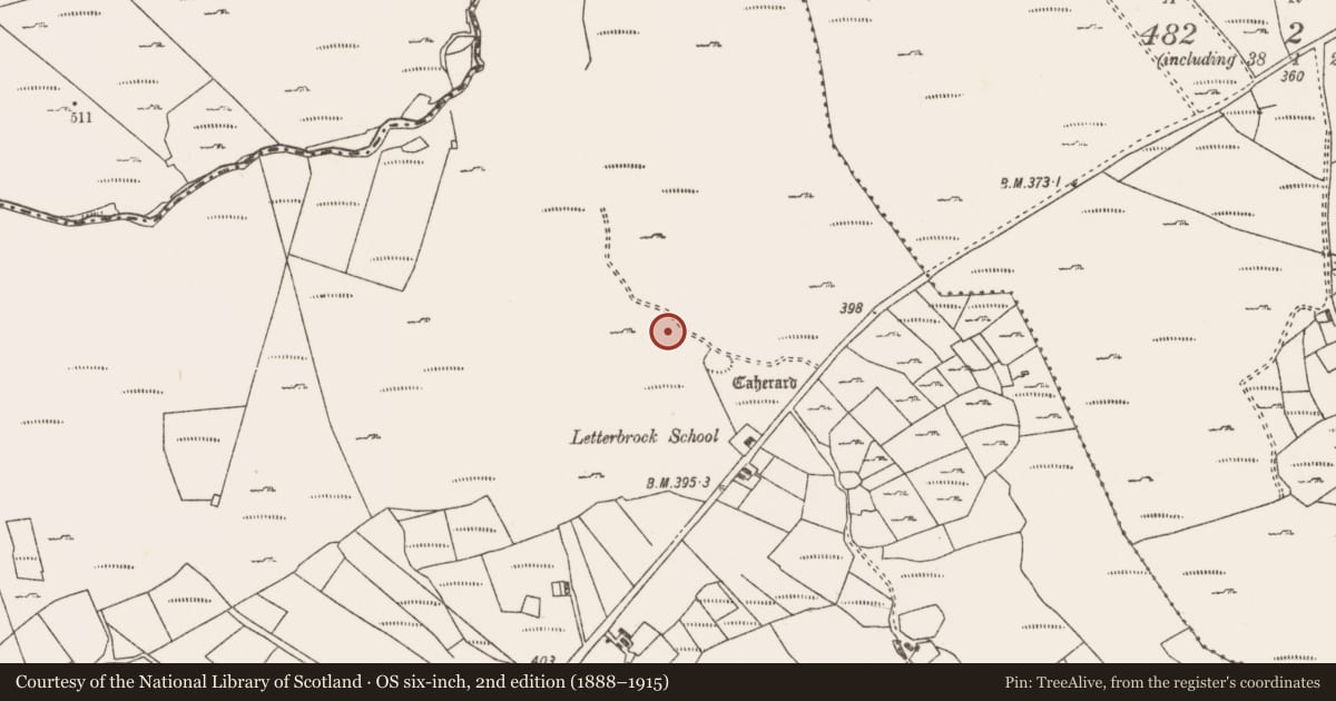 Ordnance Survey six-inch map, 2nd edition (1888–1915) covering the location of Enclosure, Letterbrock, County Mayo, with a pin at the register's coordinates