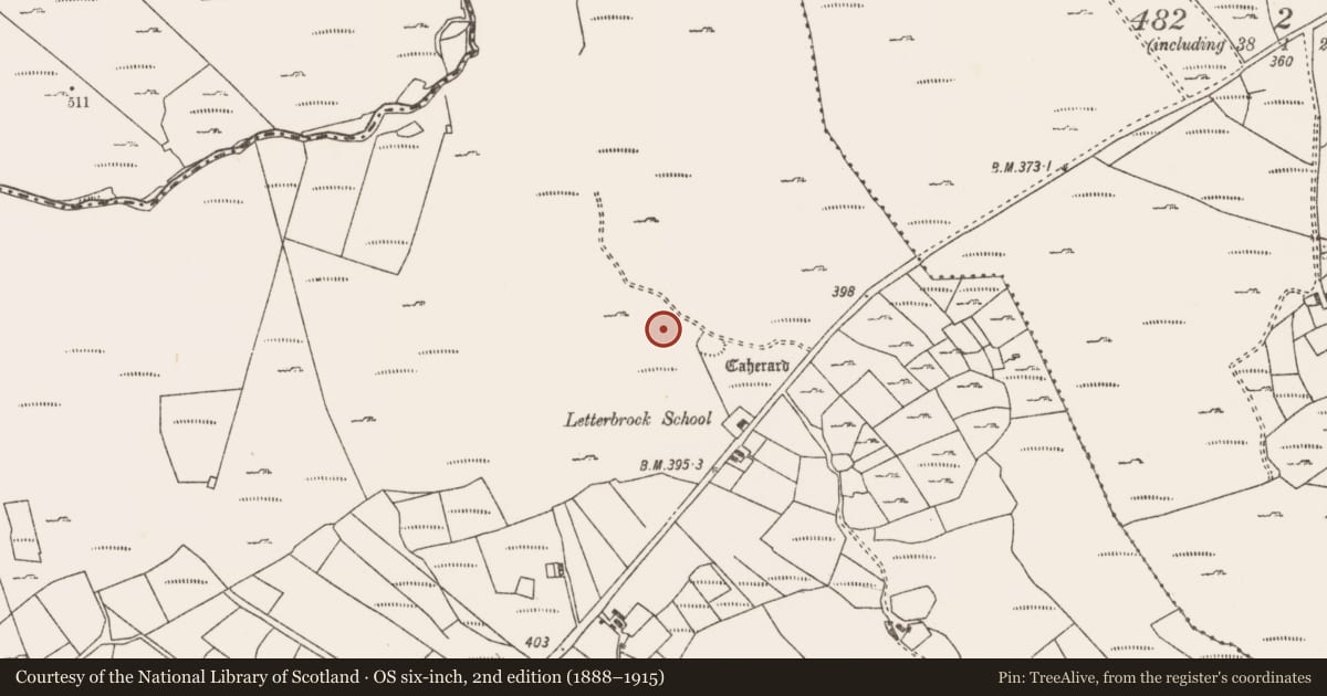 Ordnance Survey six-inch map, 2nd edition (1888–1915) covering the location of Field boundary, Letterbrock, County Mayo, with a pin at the register's coordinates
