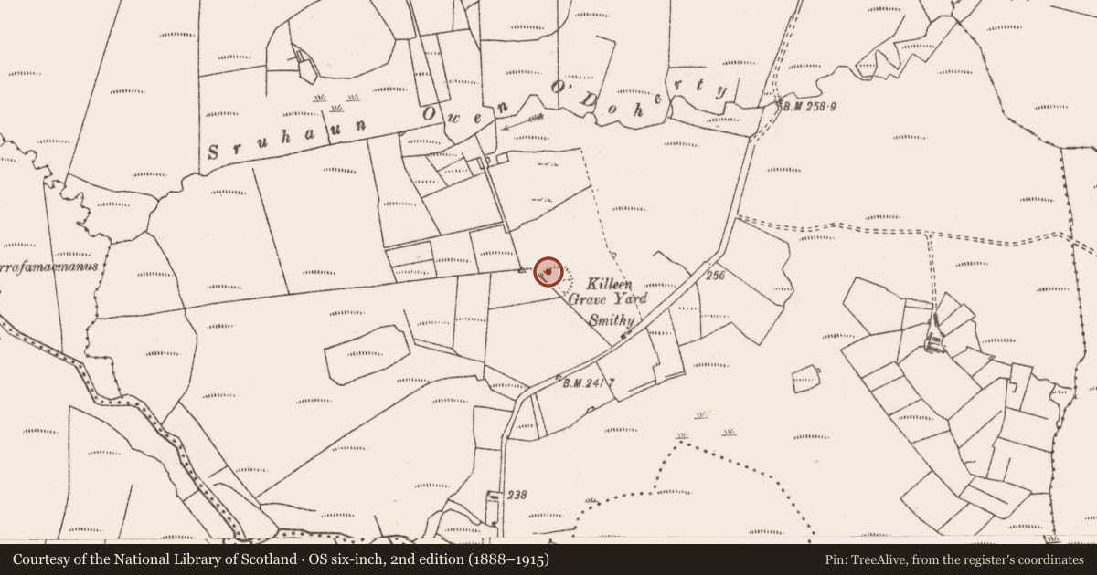 Ordnance Survey six-inch map, 2nd edition (1888–1915) covering the location of Enclosure, Oughty, County Mayo, with a pin at the register's coordinates