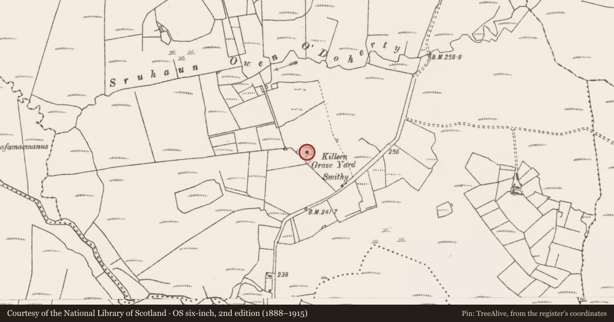 Ordnance Survey six-inch map, 2nd edition (1888–1915) covering the location of Children's burial ground, Oughty, County Mayo, with a pin at the register's coordinates