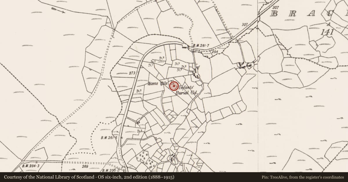 Ordnance Survey six-inch map, 2nd edition (1888–1915) covering the location of Children's burial ground, Carrowkennedy, County Mayo, with a pin at the register's coordinates