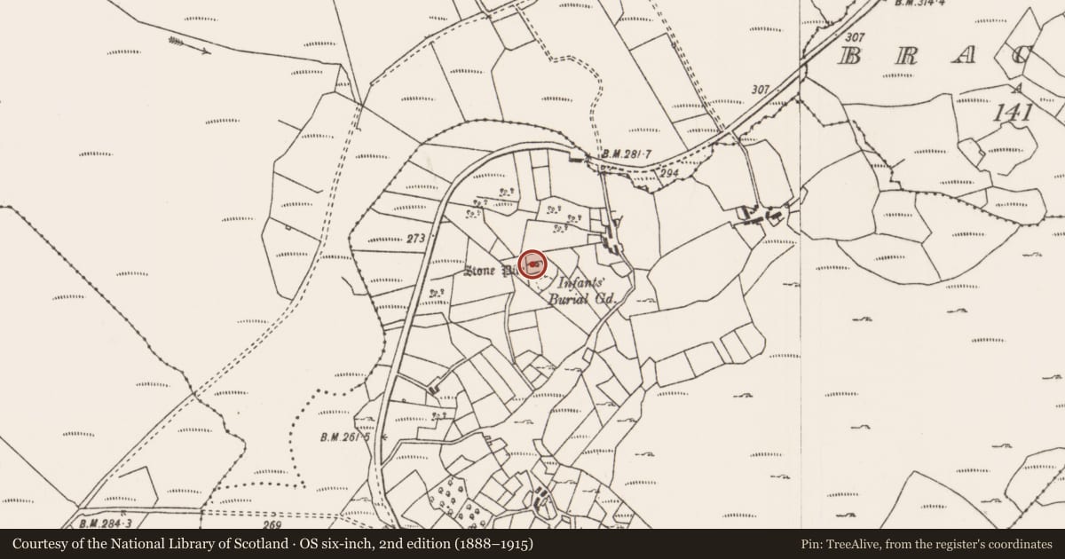 Ordnance Survey six-inch map, 2nd edition (1888–1915) covering the location of Bullaun stone, Carrowkennedy, County Mayo, with a pin at the register's coordinates
