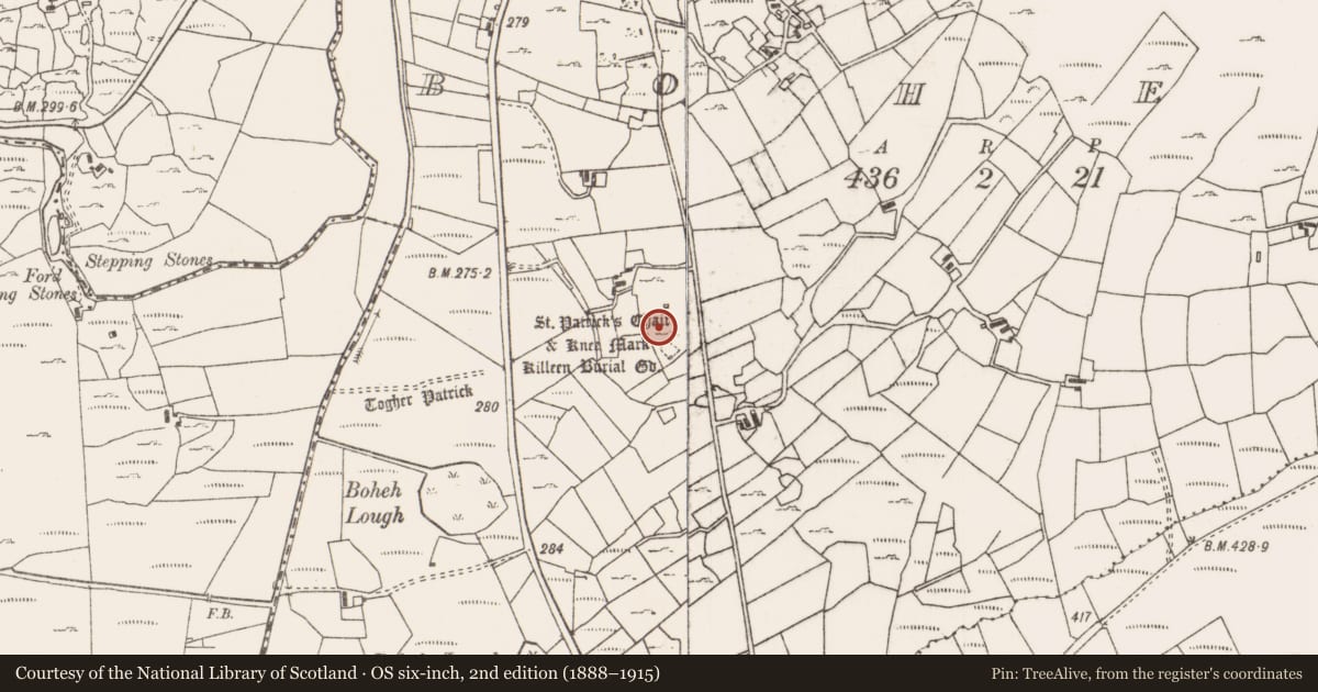 Ordnance Survey six-inch map, 2nd edition (1888–1915) covering the location of Enclosure, Boheh (Murrisk By., Aghagower. Par.), County Mayo, with a pin at the register's coordinates