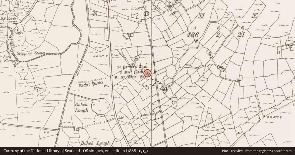 Ordnance Survey six-inch map, 2nd edition (1888–1915) covering the location of Children's burial ground, Boheh (Murrisk By., Aghagower. Par.), County Mayo, with a pin at the register's coordinates