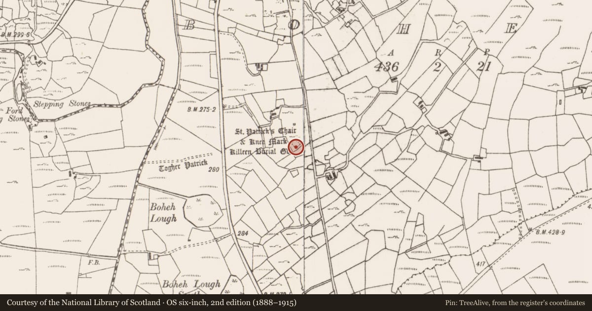 Ordnance Survey six-inch map, 2nd edition (1888–1915) covering the location of Leacht, Boheh (Murrisk By., Aghagower. Par.), County Mayo, with a pin at the register's coordinates