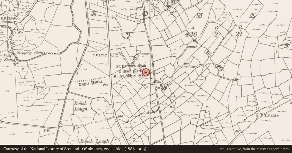 Ordnance Survey six-inch map, 2nd edition (1888–1915) covering the location of Burial ground, Boheh (Murrisk By., Aghagower. Par.), County Mayo, with a pin at the register's coordinates