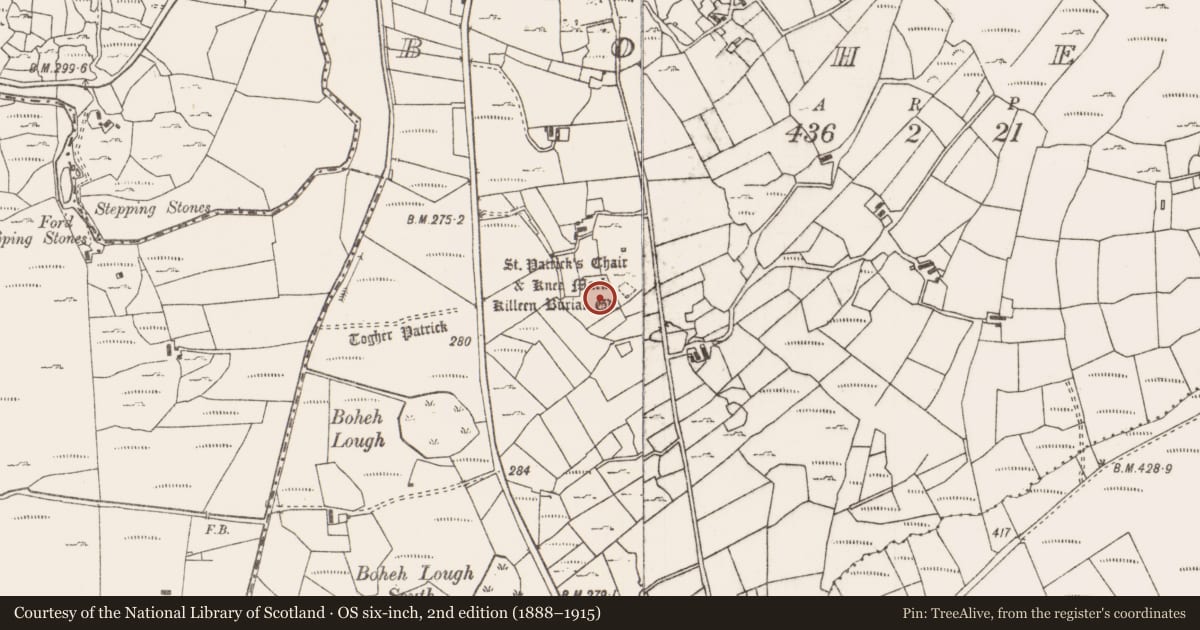 Ordnance Survey six-inch map, 2nd edition (1888–1915) covering the location of Burial, Boheh (Murrisk By., Aghagower. Par.), County Mayo, with a pin at the register's coordinates