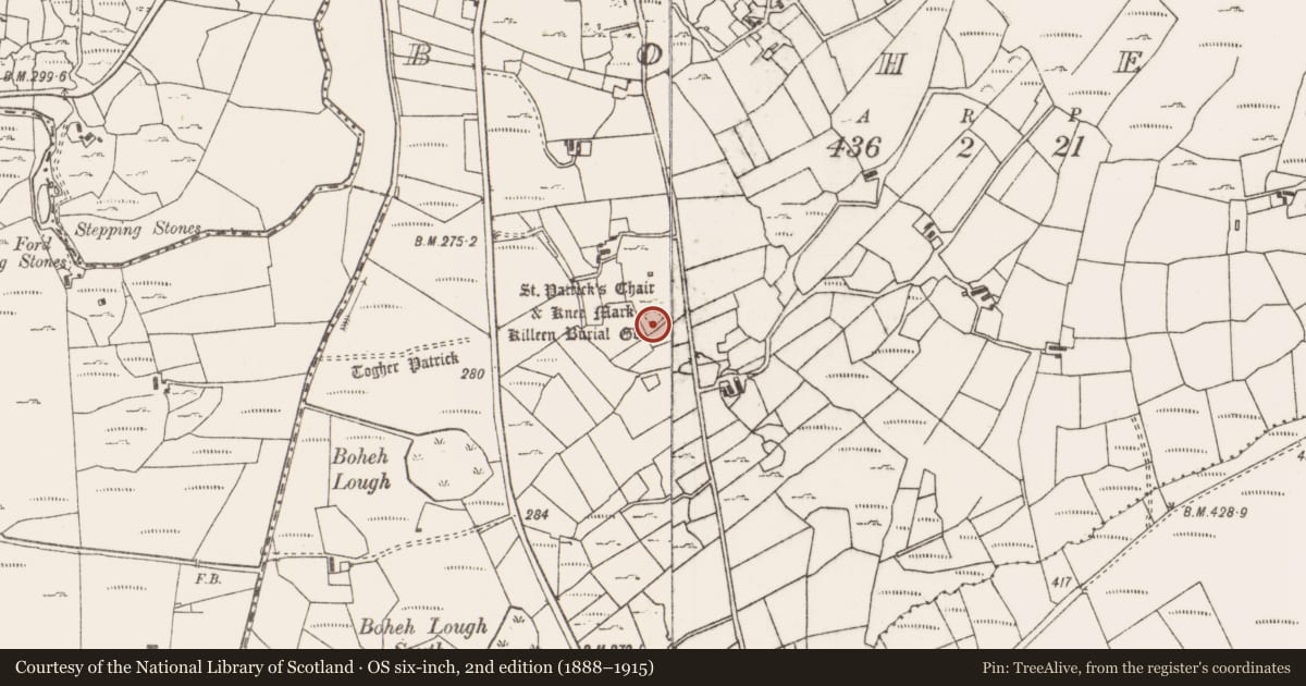 Ordnance Survey six-inch map, 2nd edition (1888–1915) covering the location of Cross-inscribed stone, Boheh (Murrisk By., Aghagower. Par.), County Mayo, with a pin at the register's coordinates