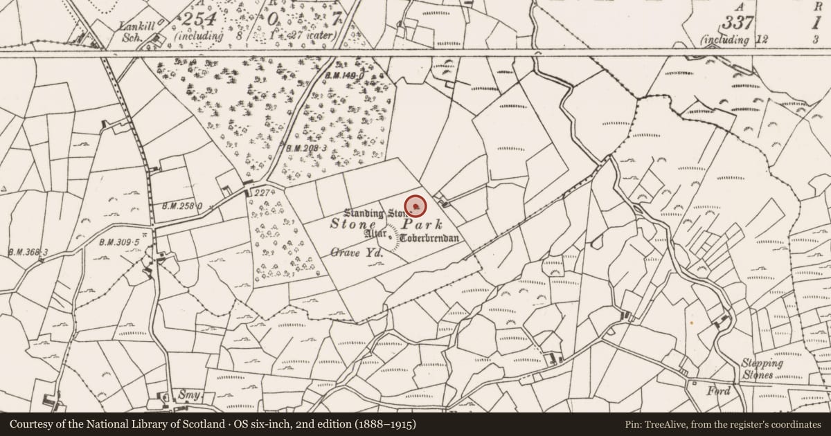 Ordnance Survey six-inch map, 2nd edition (1888–1915) covering the location of Cross-inscribed pillar, Lankill, County Mayo, with a pin at the register's coordinates