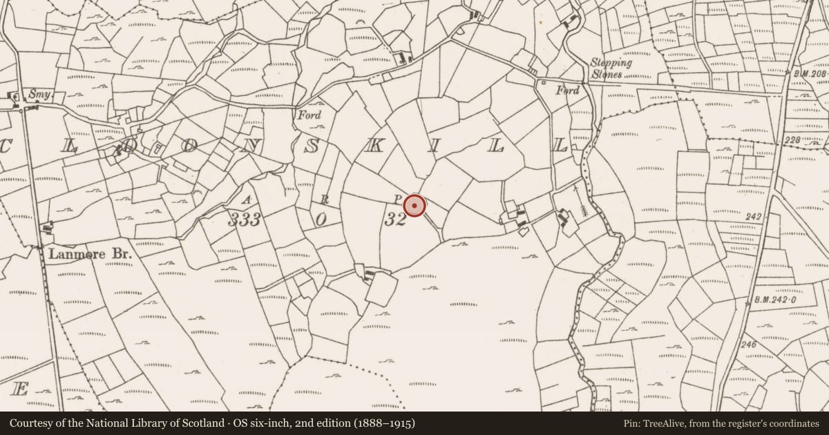 Ordnance Survey six-inch map, 2nd edition (1888–1915) covering the location of Souterrain, Cloonskill, County Mayo, with a pin at the register's coordinates
