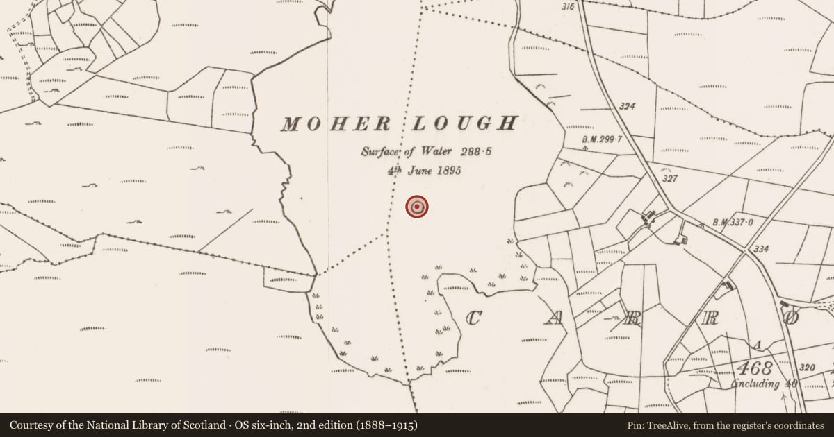 Ordnance Survey six-inch map, 2nd edition (1888–1915) covering the location of Crannog, Carrowmore (Murrisk By., Aghagower. Par.), County Mayo, with a pin at the register's coordinates