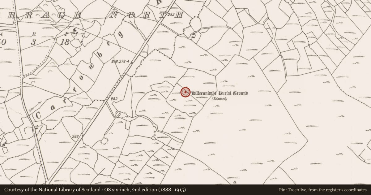 Ordnance Survey six-inch map, 2nd edition (1888–1915) covering the location of Burial ground, Cordarragh South, County Mayo, with a pin at the register's coordinates