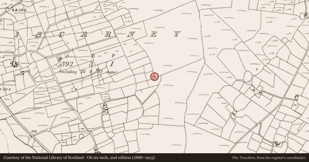 Ordnance Survey six-inch map, 2nd edition (1888–1915) covering the location of Enclosure, Liscarney, County Mayo, with a pin at the register's coordinates