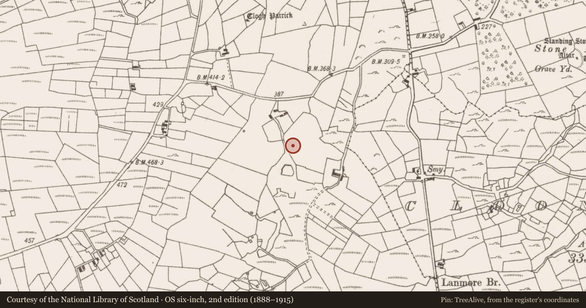 Ordnance Survey six-inch map, 2nd edition (1888–1915) covering the location of Standing stone, Lanmore, County Mayo, with a pin at the register's coordinates