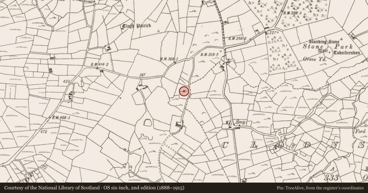 Ordnance Survey six-inch map, 2nd edition (1888–1915) covering the location of Standing stone, Lanmore, County Mayo, with a pin at the register's coordinates