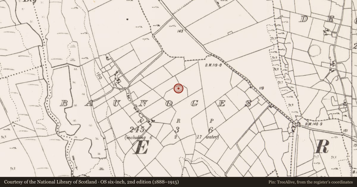 Ordnance Survey six-inch map, 2nd edition (1888–1915) covering the location of Enclosure, Baunoges, County Mayo, with a pin at the register's coordinates