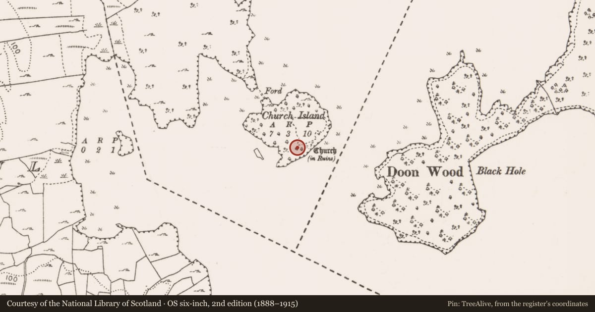 Ordnance Survey six-inch map, 2nd edition (1888–1915) covering the location of Enclosure, Church Island, County Mayo, with a pin at the register's coordinates