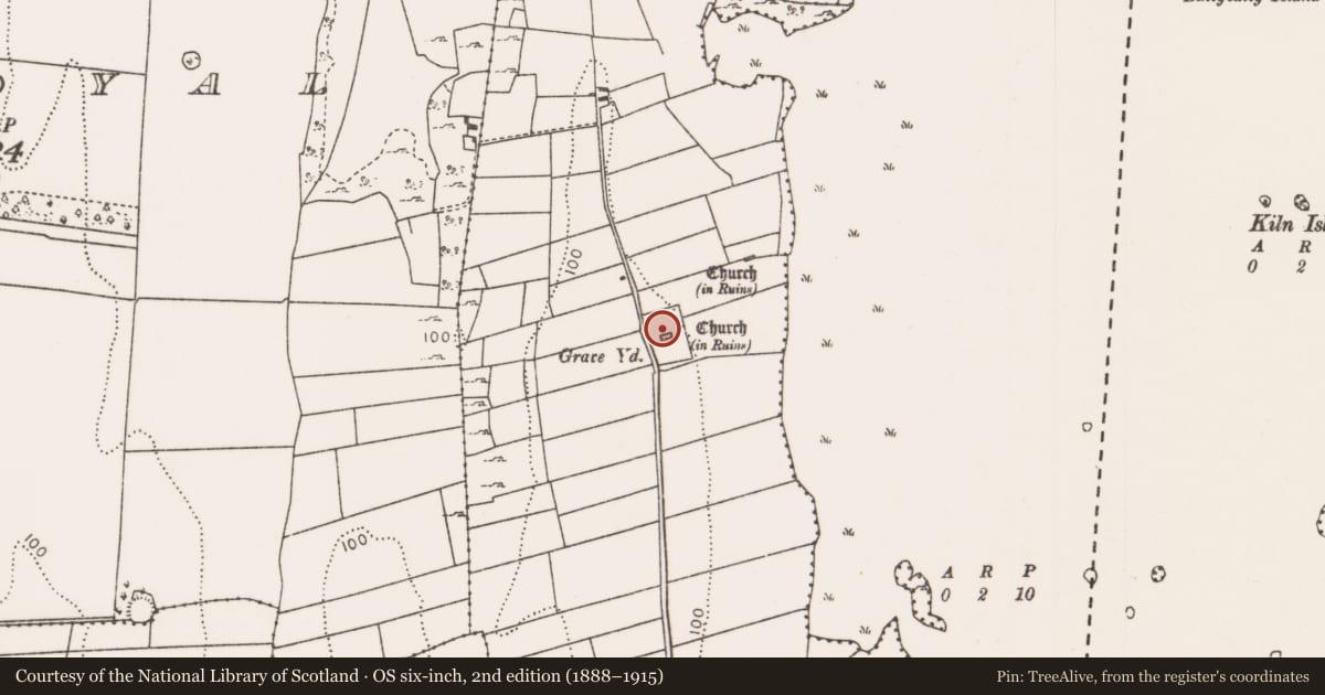 Ordnance Survey six-inch map, 2nd edition (1888–1915) covering the location of Church, Kilkeeran, County Mayo, with a pin at the register's coordinates