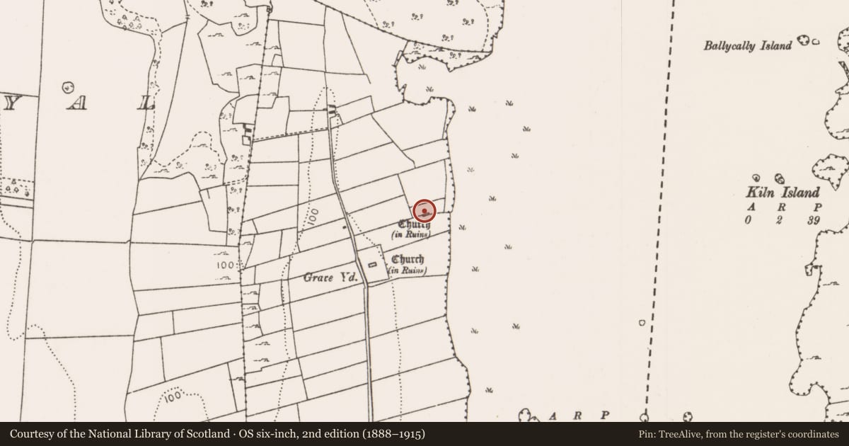 Ordnance Survey six-inch map, 2nd edition (1888–1915) covering the location of Church, Kilkeeran, County Mayo, with a pin at the register's coordinates